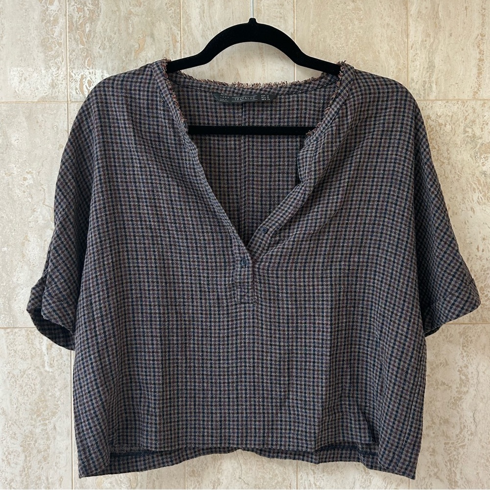 Zara Cropped Woven Henley (Medium) - Purple/Brown